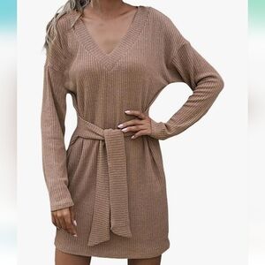 Long Sleeve, Fall & Winter Solid Color V-Neck Knitted, Waist Tie Sweater Dress
